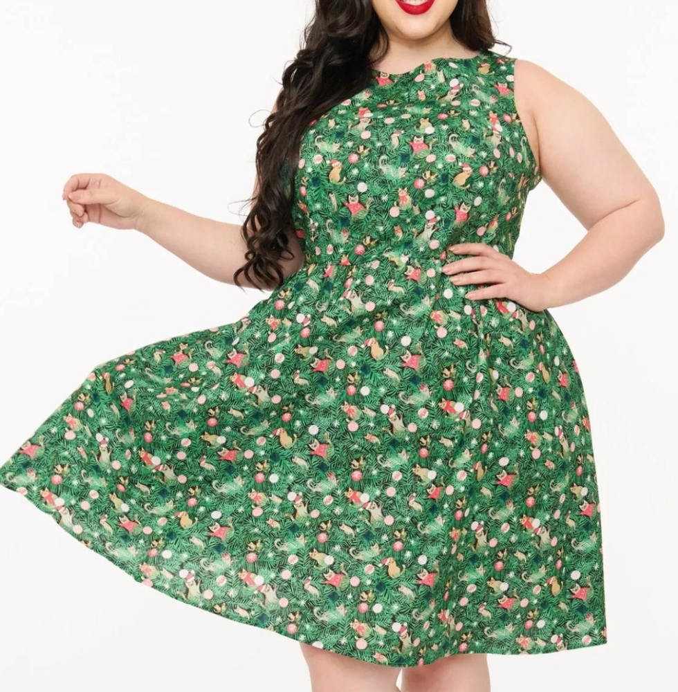 1950s Green Holiday Cat Print Cotton Swing Dress